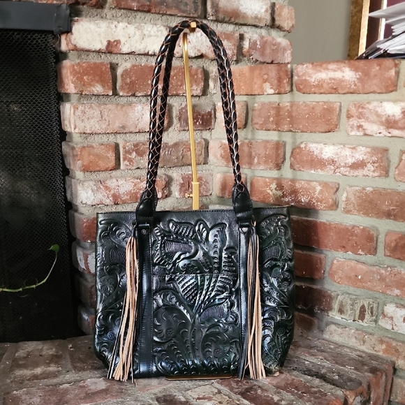 Patricia Nash Handbags - Patricia Nash Tooled Embossed Green Leather Tote Fringe Boho Bag